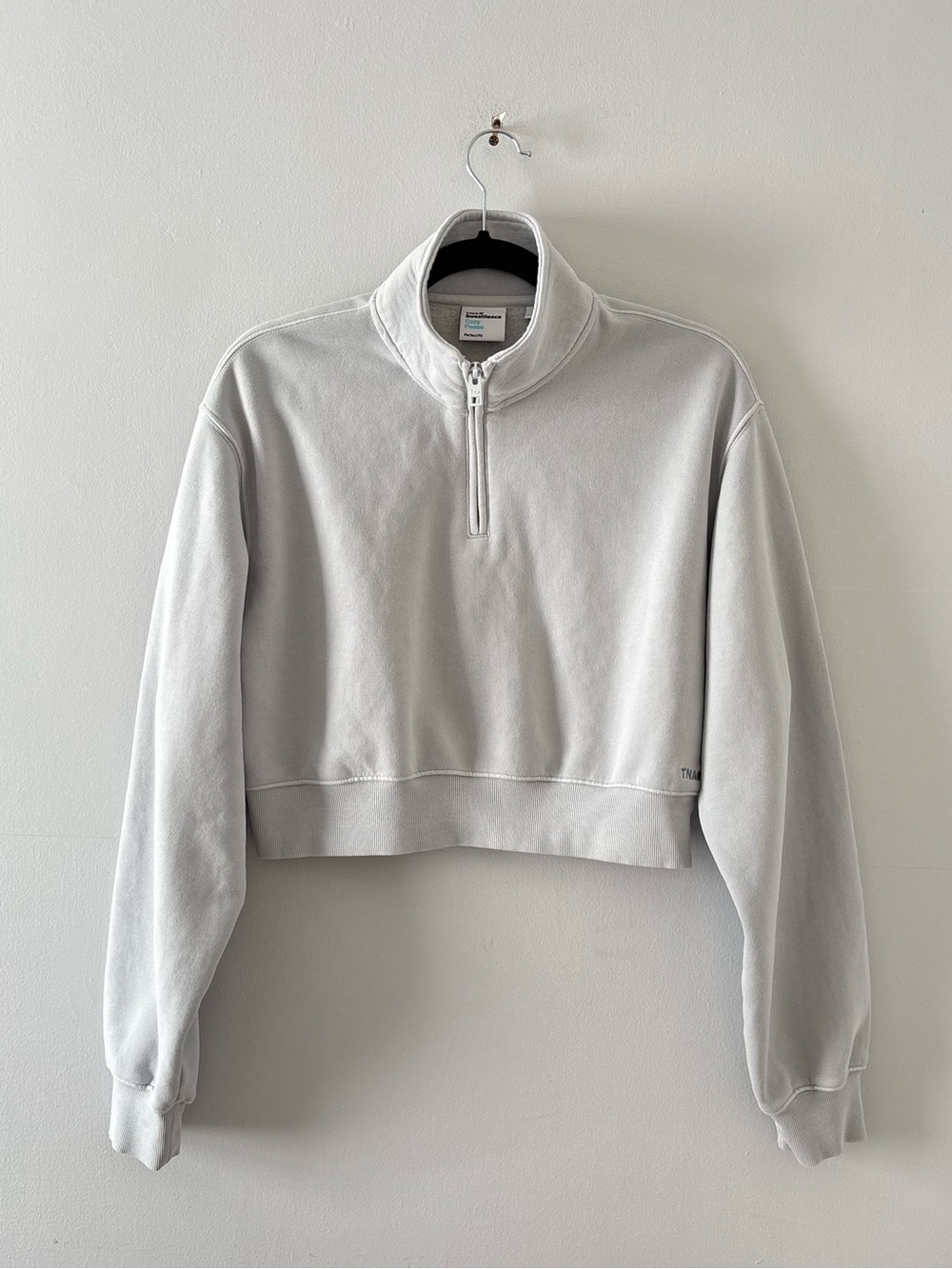 TNA Cozy Sweatfleece Boyfriend Crop 1/2 Zip Pullover Sweatshirt Grey Aritzia